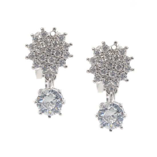 White Gold-plated Cubic Zirconia Flower Drop Clip On Earrings