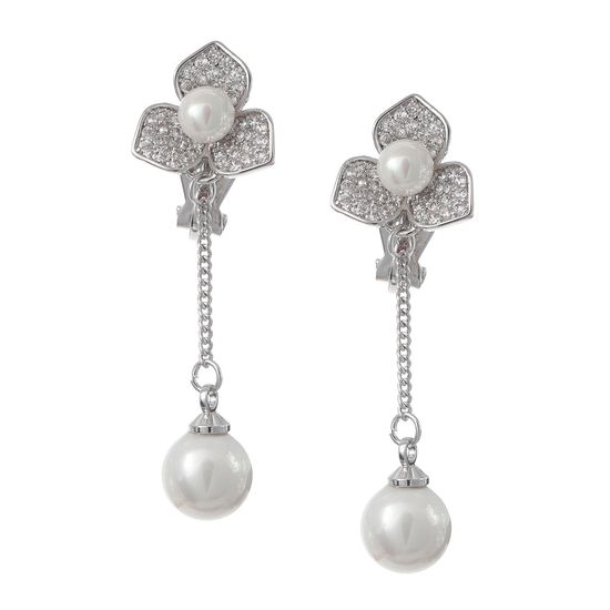 White Gold-plated Cubic Zirconia Flower with Dangle Shell Pearl Drop Clip On Earrings
