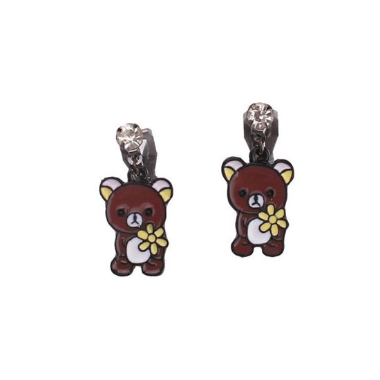 Brown Bear with Flower Drop Clip On Earrings