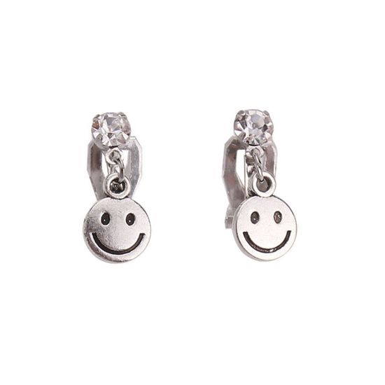 Silver-tone Smiling Face Drop Clip On Earrings