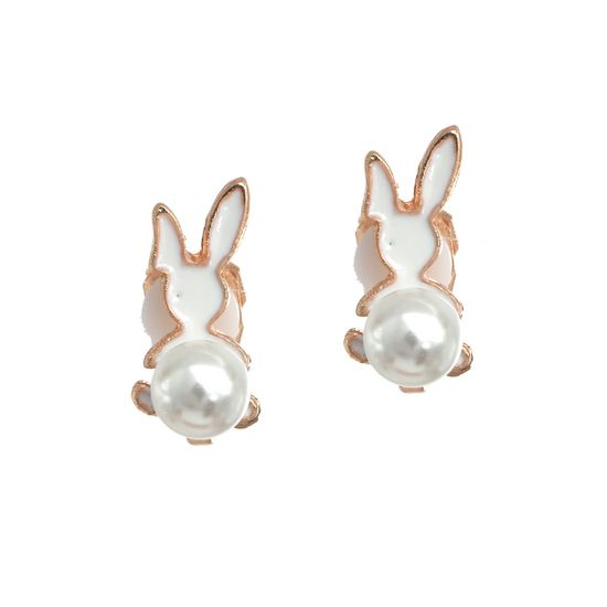 White Bunny with Faux Pearl Clip On Earrings