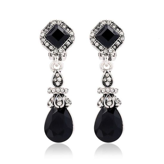 Black Faceted Teardrop and Crystal Dangle Clip On Earrings