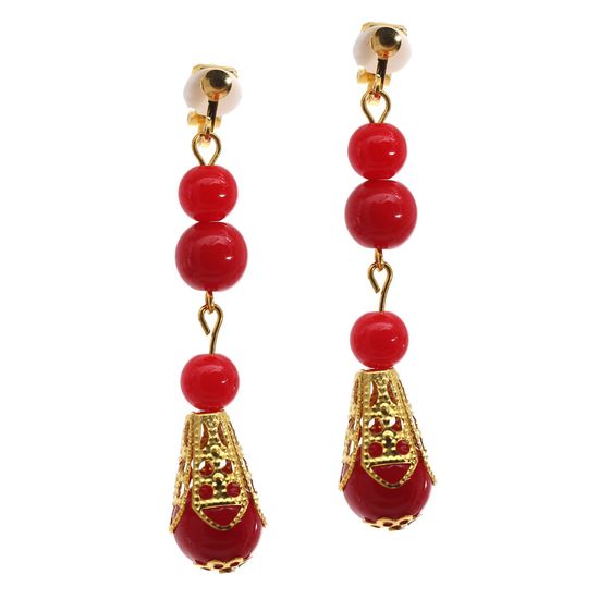 Red Beads Drop Clip On Earrings