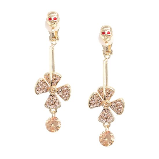 Champagne CZ Diamante Flower and Skull Drop Clip On Earrings