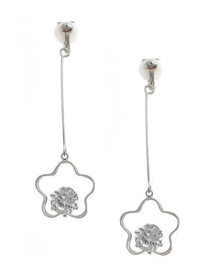 Silver-tone Flower CZ Dangle Clip On Earrings