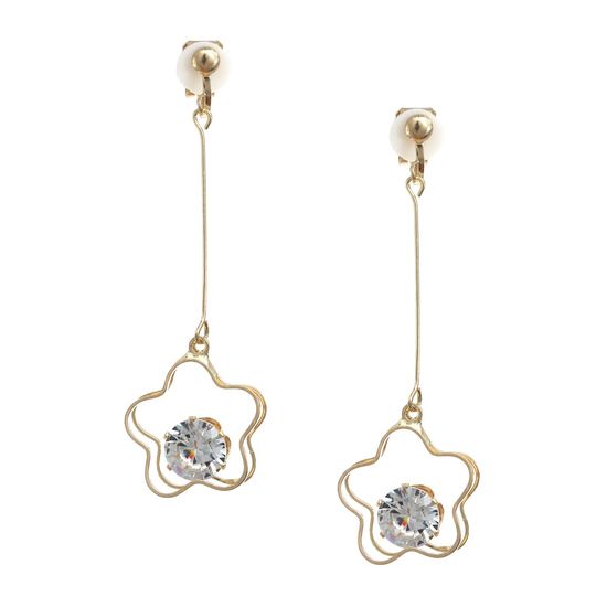 Gold-tone Flower CZ Dangle Clip On Earrings