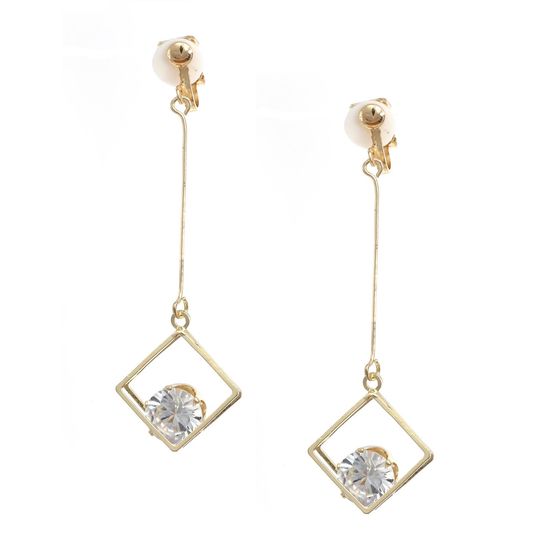 Gold-tone Diamond Shape CZ Drop Clip On Earrings
