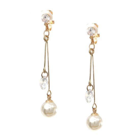 Gold-tone Faux Pearl and Crystal Drop Clip On Earrings