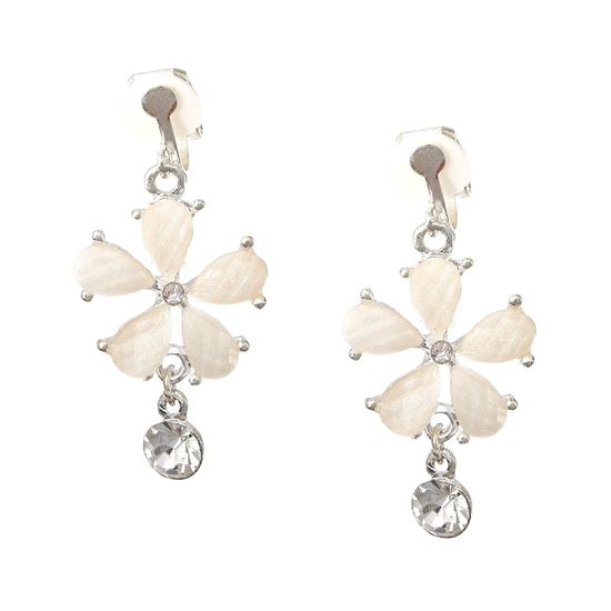 White Faceted Flower and Crystal Drop Clip On Earrings