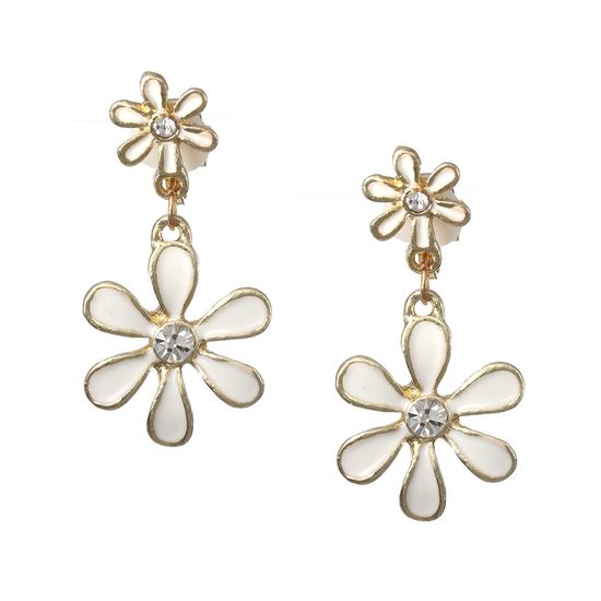 White Enamel Flower and Crystal Drop Clip On Earrings