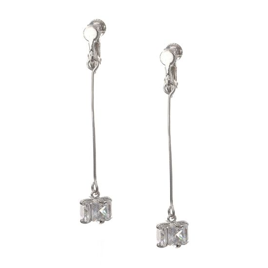 CZ Cube Silver-tone Screw Back Drop Clip On Earrings