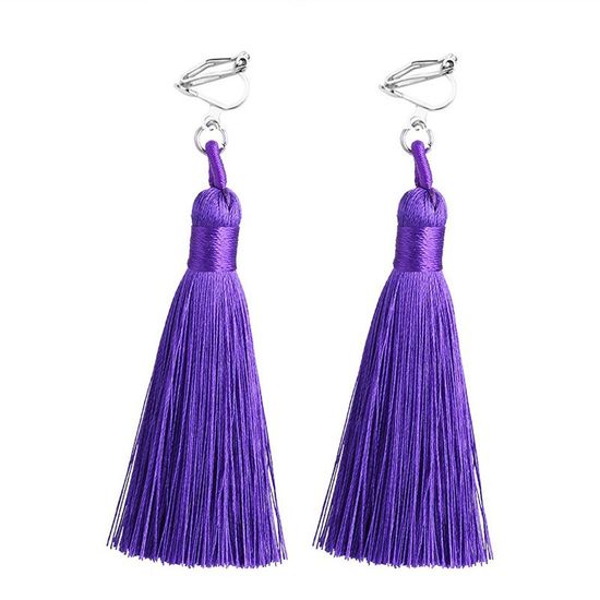 Purple Tassel Drop Clip On Earrings