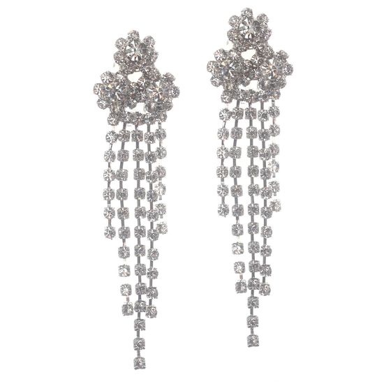 Rhinestone Crystal Pave Flower Tassel Drop Clip on Earrings