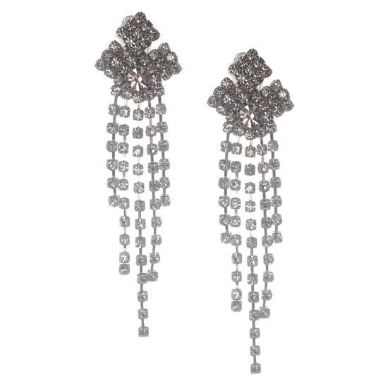 Rhinestone Crystal Pave Tassel Drop Clip on Earrings