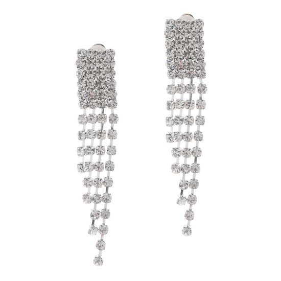 Rectangle Crystal Pave Tassel Bridal Drop Clip on Earrings