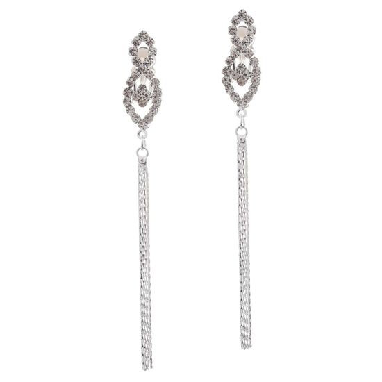 Oval Eye Crystal Tassel Drop Clip on Earrings