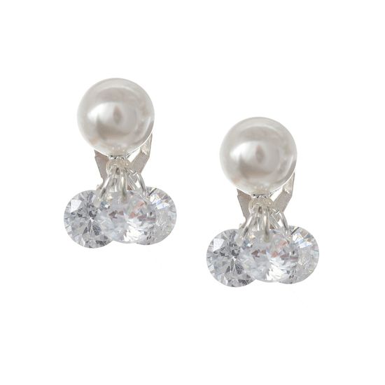 White Simulated Pearl with CZ Drop Clip on Earrings