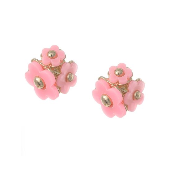 Pink Triple Flower Gold Tone Clip on Earrings