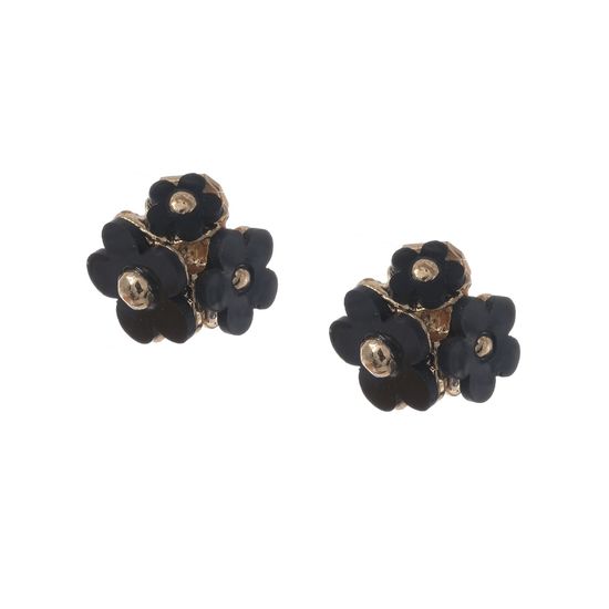 Black Triple Flower Gold Tone Clip on Earrings