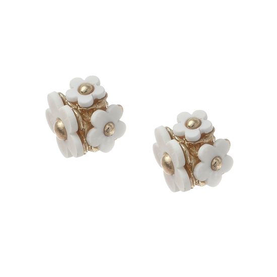 White Triple Flower Gold Tone Clip on Earrings