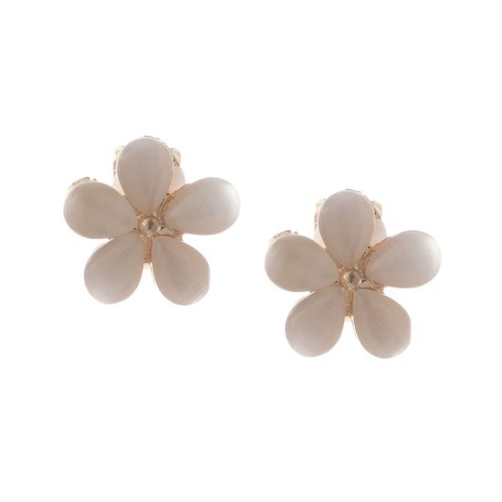 Beige Simulated Cat Eye Flower Clip On Earrings