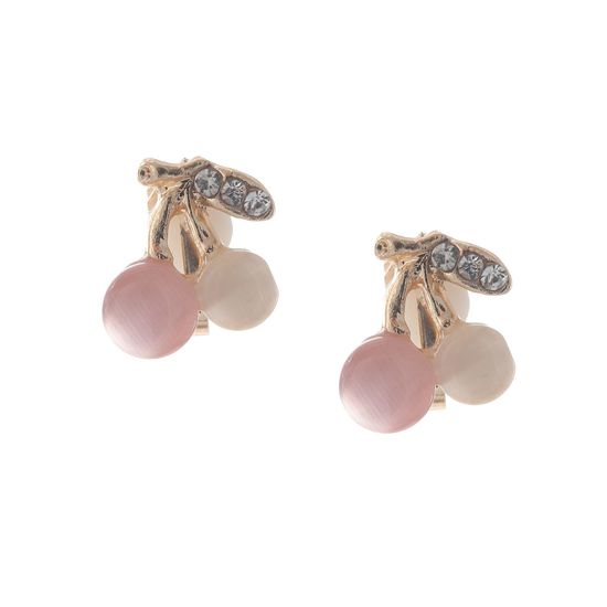 Beige and Pink Simulated Cat Eye Cherry Crystal Clip On Earrings