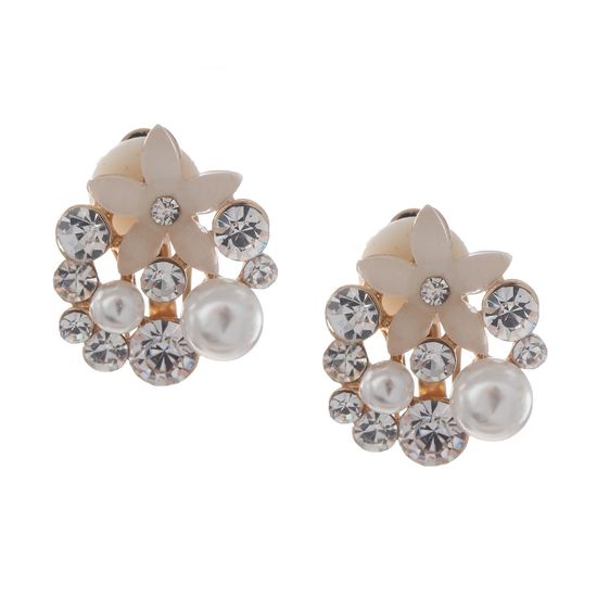 Simulated Pearl and Crystal Flower Clip On Earrings