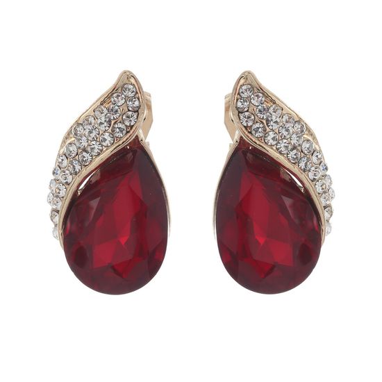 Red Faceted Teardrop with White Crystal Clip On Earrings