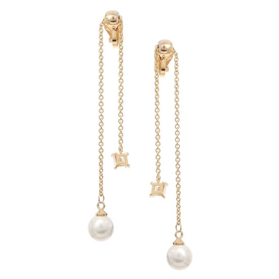 Gold-Plated Simulated Pearl with CZ Double Chain Drop Clip On Earrings