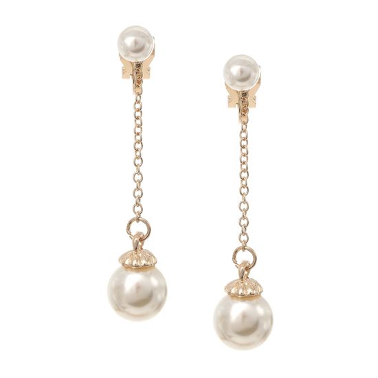 Yellow Gold-Plated Double Pearl Chain Drop Clip On Earrings