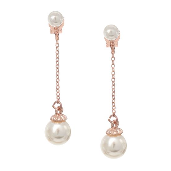 Rose Gold-Plated Double Pearl Chain Drop Clip On Earrings