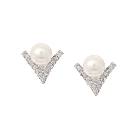 White Gold-Plated V Shaped CZ with Simulated Pearl Clip On Earrings