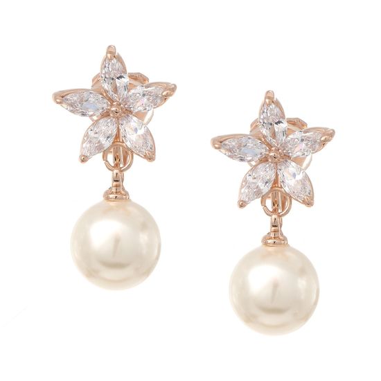 Gold-Plated Simulated Pearl with Cubic Zirconia Flower Drop Clip On Earrings