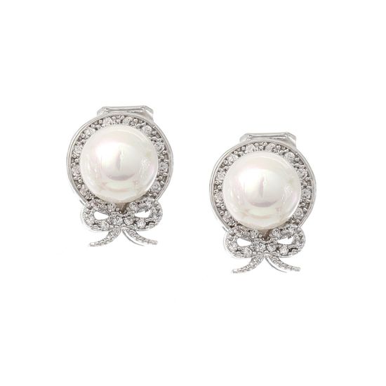 White Round Shell Pearl with CZ and Bow Gold Plated Clip On Earrings