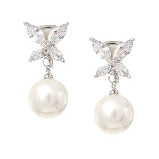 White Round Shell Pearl with CZ Flower Gold Plated Drop Clip On Earrings