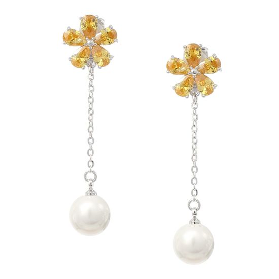 White Round Shell Pearl with Yellow CZ Flower Chain Drop Gold Plated Clip On Earrings