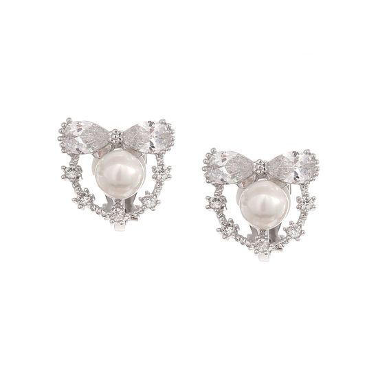 Shell Pearl with Cubic Zirconia Bow White Gold Plated Clip On Earrings