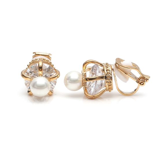  Cubic Zirconia Crown with Shell Pearl Gold Plated Clip On Earrings