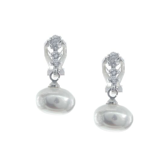 Cubic Zirconia Bar with Shell Pearl Drop Gold Plated Clip On Earrings