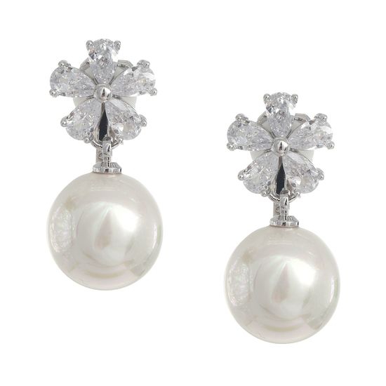Cubic Zirconia Flower with Shell Pearl Drop Gold Plated Clip On Earrings