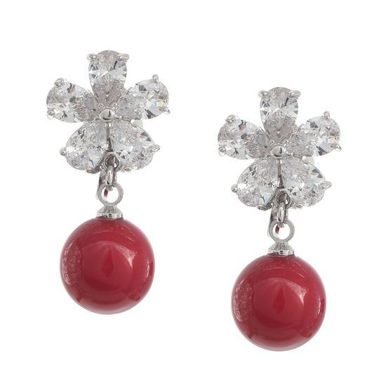 Cubic Zirconia Flower with Red Bead Drop White Gold Plated Clip On Earrings