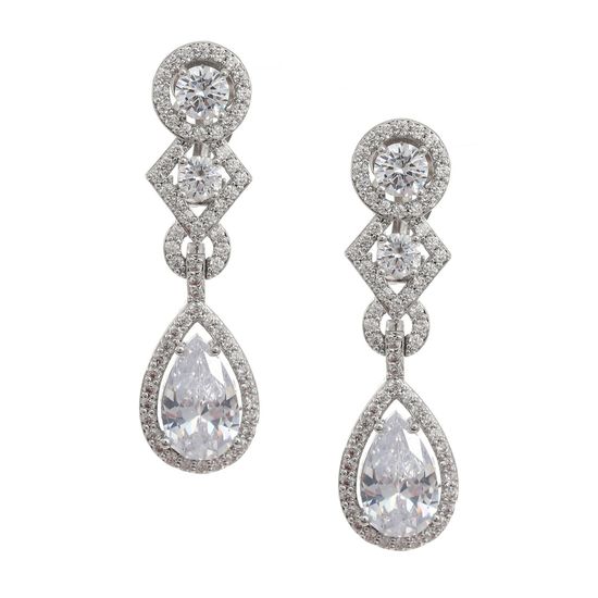 Bridal Teardrop Cubic Zirconia Halo White Gold Plated Clip On Earrings