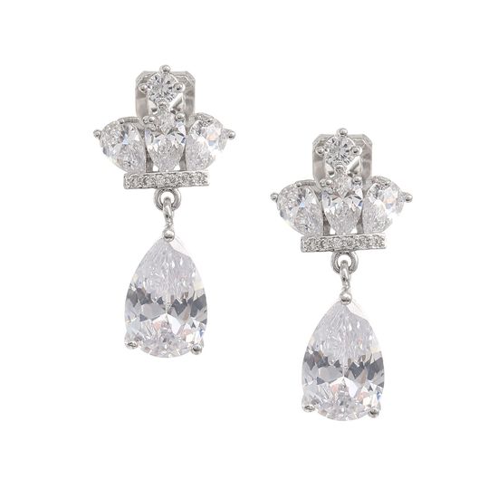 Bridal Teardrop Cubic Zirconia Crown White Gold Plated Clip On Earrings