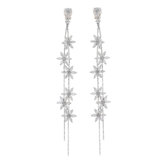 Bridal Marquise Double Cascade Cubic Zirconia Flower Drop White Gold Plated Clip On Earrings