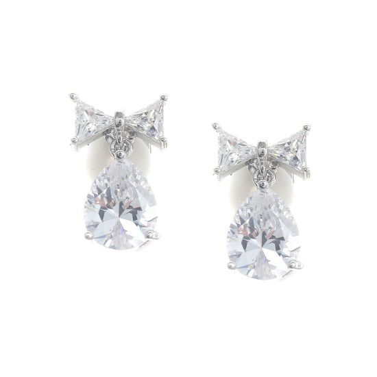 Bridal Teardrop Cubic Zirconia Bow White Gold Plated Clip On Earrings