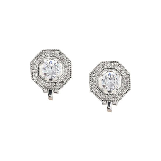 Round Cubic Zirconia Octagon White Gold Plated Clip On Earrings