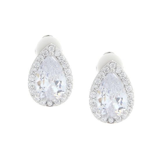Teardrop Cubic Zirconia Halo White Gold Plated Clip On Earrings