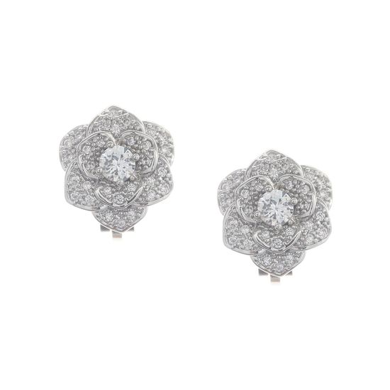 Micro Pave Round CZ Flower White Gold Plated Clip On Earrings