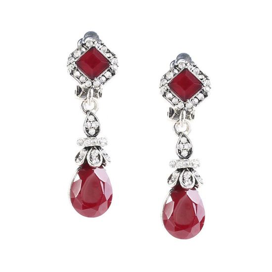 Red Faceted Teardrop and Crystal Dangle Clip On Earrings