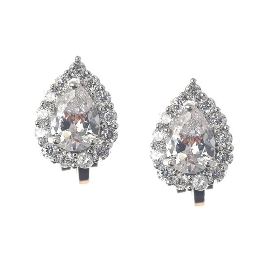 White Gold Plated Cubic Zirconia Teardrop Halo Clip On Earrings